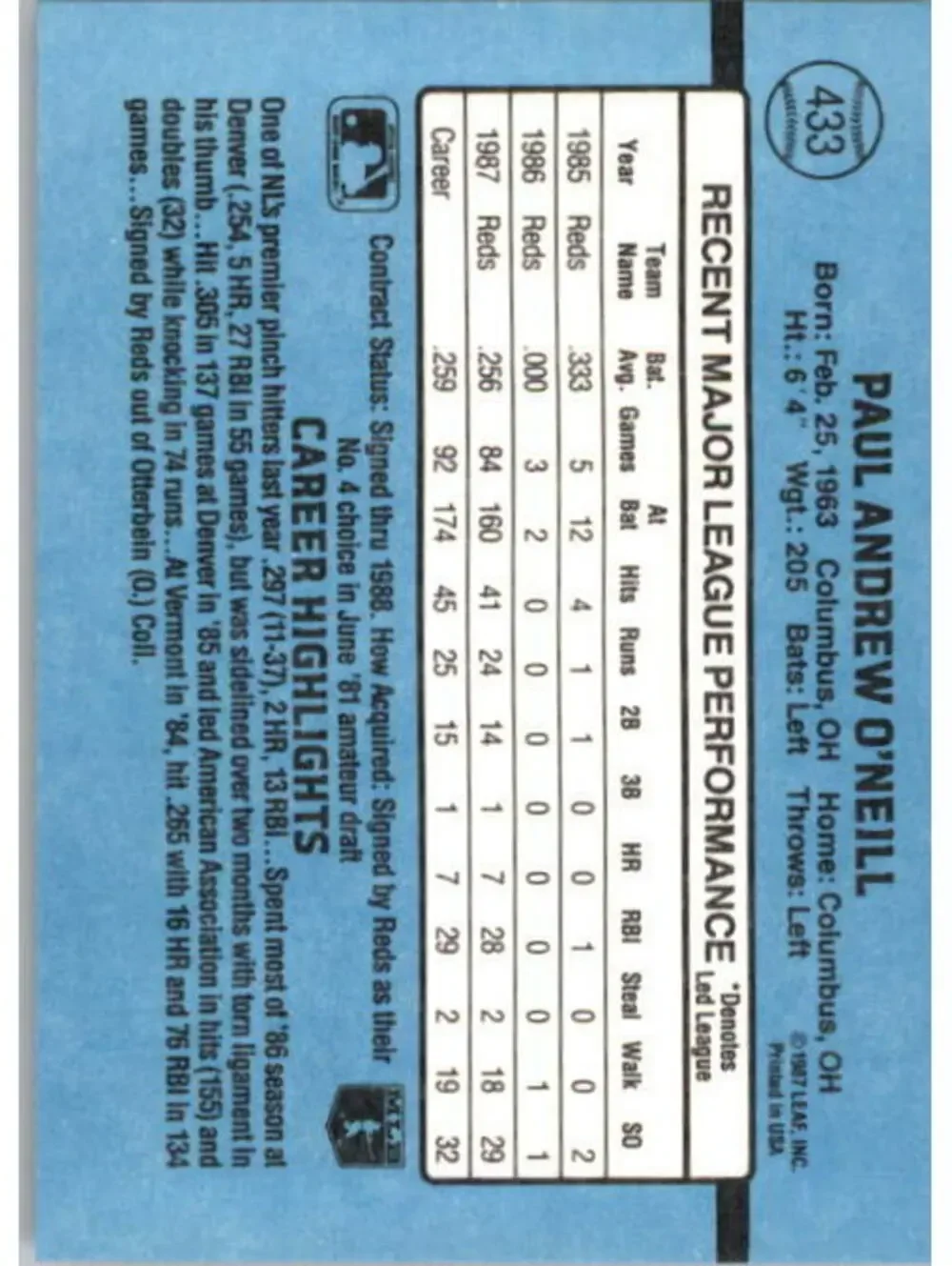 1988 Paul O'Neill Donruss Baseball Card #433